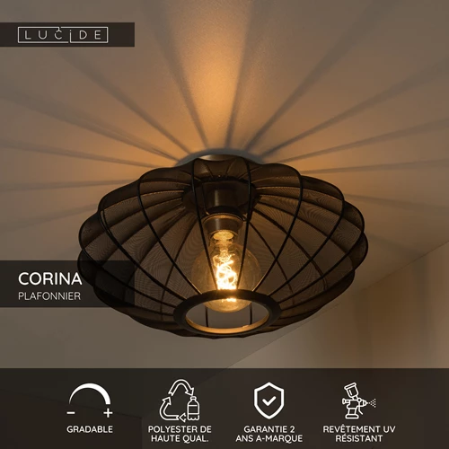 Lucide CORINA - Plafonnier - Ø 40 cm - 1xE27 - Noir - USP